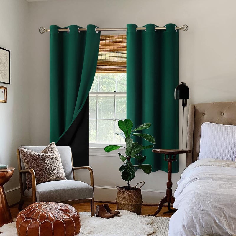 BGment Thermal Insulated 100% Blackout Curtains for Bedroom with Black Liner, Double Layer Full Room Darkening Noise Reducing Grommet Curtain (42 x 63 Inch, Emerald, 2 Panels) - Image 2